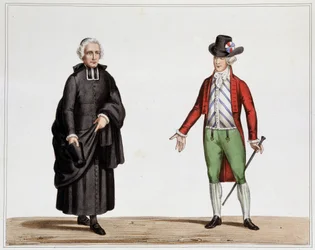 Een afgevaardigde van de geestelijkheid en een man in de mode van september 1789 - Lithografie van Villain, uit de collectie van kostuums, wapens en meubels voor de geschiedenis van de Franse Revolutie en het Keizerrijk, door Graaf Horace de Viel Castel, e