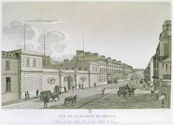 De Bank van Frankrijk vanaf Rue Croix-Petits-Champs, gegraveerd door Eugene Dubois, 1800