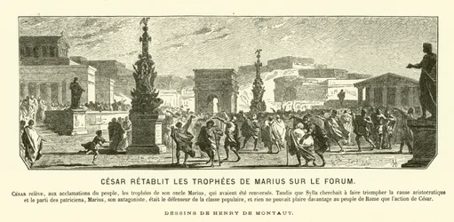 Julius Caesar herstelt de triomfmonumenten van zijn oom Gaius Marius in hun oorspronkelijke posities in het Forum, Rome, 65 v.Chr.