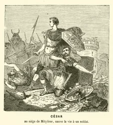 Julius Caesar redt het leven van een soldaat bij het Beleg van Mitylene, Lesbos, Griekenland, 81 v.Chr.