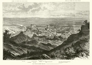 Rome gezien vanaf de Caeliaanse heuvel in de tijd van Julius Caesar (gravure)