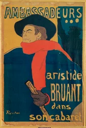 Aristide Bruant, zanger en componist, op een affiche die zijn optreden aankondigt in de elegante nachtclub " Les Ambassadeurs " op de Champs Elysees (litho)