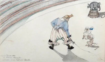 Circusscène: dressuur. Een clown met een geleerde hond en een acrobatische olifant. Tekening door Henri de Toulouse Lautrec
