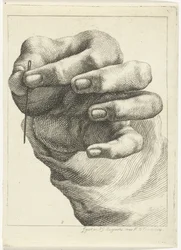 Studie van een hand met een naald tussen duim en wijsvinger