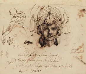 Mevrouw Fuseli met een uitgebreide hoofdtooi en studies van een oog, mond en torso