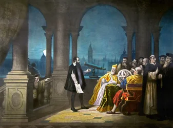 Galileo Galilei demonstreert zijn telescoop aan Leonardo Donato, Doge van Venetië en de Venetiaanse Senaat in 1609, ca 1900 (litho)
