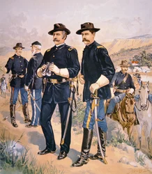 Brigadier-generaal Nelson A. Miles, lijnofficieren en soldaten in veldkleding van 1888