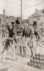 brigadegeneraal William Hull geeft het fort en de stad Detroit, Michigan, Amerika over tijdens het Beleg van Detroit, uit De Geschiedenis van Ons Land, gepubliceerd 1905