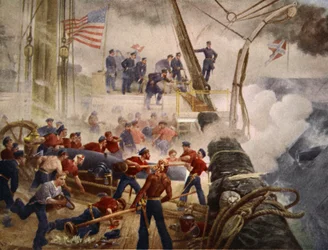 Farragut op de Hartford bij Mobile Bay, 5 augustus 1864
