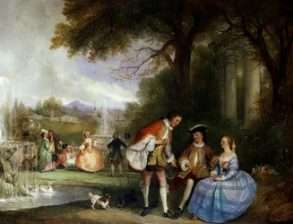 Neem me niet kwalijk. Scènes galantes in een tuin met fonteinen (eerbied). Schilderij van Henry Andrews (D.1868 Brits) Privécollectie