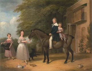 Kinderen met paard en hond