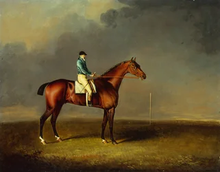 Zijne Koninklijke Hoogheid, de Prins van Wales, het bruine renpaard Sir David van Trumpator met Chifney omhoog, op Newmarket Heath
