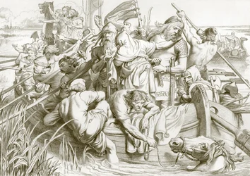 Hoe Hereward vertrok uit Ely en hoe hij de moeraszwaluw doodde (gravure)