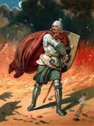 Christian, de pelgrim van de titel, in gevecht met Apollyon, de Vernietiger, de Engel van de Bodemloze Put