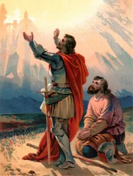 Christian, de pelgrim van de titel, knielt in verwondering terwijl hij en zijn metgezel de Heilige Stad zien