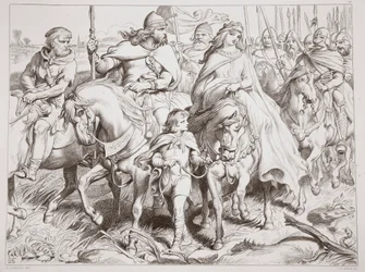 Hereward beschermt Alftruda naar een veilige plaats, illustratie uit Hereward the Great door Charles Kingsley, gegraveerd door C.G. Lewis