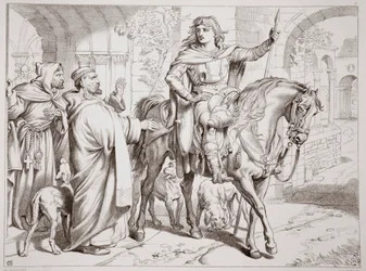 Hereward informeert zijn oom de Prior dat hij vogelvrij verklaard zal worden, illustratie uit Hereward de Grote door Charles Kingsley, uitgegeven 1870, gegraveerd door C.G. Lewis