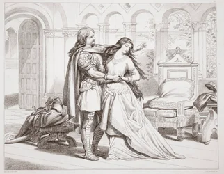 Herewards eerste ontmoeting met Torfrida, illustratie uit Hereward the Great door Charles Kingsley, uitgegeven 1870, gegraveerd door C.G. Lewis (staalgravure)