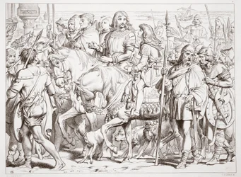 Hoe Hereward de gewijde vesting van St. Bertin binnengaat, illustratie uit Hereward the Great door Charles Kingsley, uitgegeven 1870, gegraveerd door C.G. Lewis