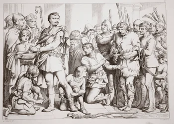Hoe Hereward de pottenbakker speelde en de koning bedroog, illustratie uit Hereward the Great door Charles Kingsley, uitgegeven 1870, gegraveerd door C.G. Lewis