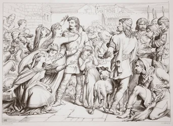 Hoe Hereward de beer doodde, illustratie uit Hereward the Great door Charles Kingsley, uitgegeven 1870, gegraveerd door C.G. Lewis