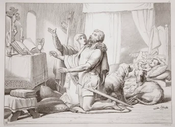 Hoe Torfrida Hereward leert bidden, illustratie uit Hereward the Great door Charles Kingsley, gegraveerd door C.G. Lewis