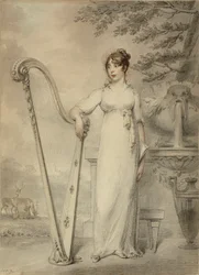 Volledig portret van "Miss V. Dupuis" rustend met haar arm op een harp. Op de achtergrond een fontein en een landschap met herten