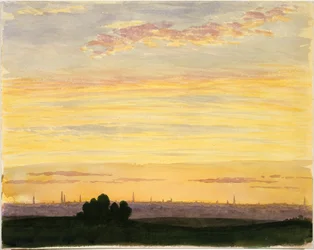 Stad en zonsondergang (aquarel)
