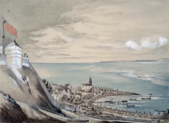 Fort en dorp Mackinaw, met het Indianenkamp, september 1842