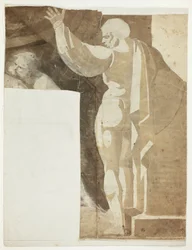 Mannelijke figuur met opgeheven linkerarm gezien van achteren, en fragment van oude man