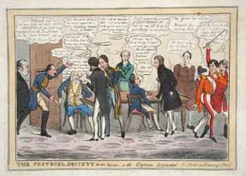 De Protocol-Samenleving in rep en roer, of de Conferenten in verwarring. Een schets in Downing Street, pub. 1831 (handgekleurde gravure)
