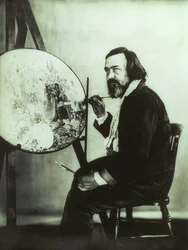 Portret van Richard Dadd werkend aan Oberon en Titania in het Betlam ziekenhuis, ca. 1875 (z/w foto)