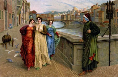 Dante Alighieri ontmoet zijn muze Beatrice Portinari in Firenze, ca. 1890 (prent)