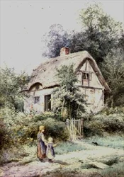 Twee Meisjes en een Katje bij een Rieten Cottage