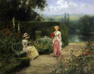 Jonge vrouwen in een tuin op het Engelse platteland. Schilderij van Yeend King (1855-1924) Privécollectie.