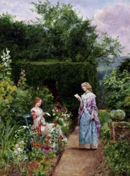 Nieuws uit het buitenland. Een jonge vrouw, zittend op een bankje in een tuin, luistert naar een andere vrouw die een brief voorleest. Schilderij van Henry John Yeend King (1855-1924). Privécollectie.
