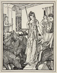 Circe stuurt de zwijnen (De metgezellen van Odysseus) naar de stallen, frontispice uit ’Tales of the Greek Seas’ van Andrew Lang, 1926