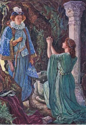 Elizabeth en Amy ontmoeten elkaar in de grot, illustratie uit Kenilworth, ca. 1910
