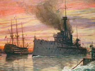 In de haven van Portsmouth in 1909, de "Dreadnought" en de "Victory" (kleurenlitho)