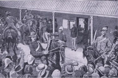 Koloniale versterkingen voor Zuid-Afrika: Een stormloop van aanmeldingen voor inschrijving in Sydney, uit After Pretoria: The Guerilla War gepubliceerd door Harmsworth Bros Limited, 1901