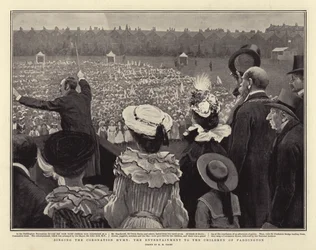 Het zingen van de kroningshymne, het vermaak voor de kinderen van Paddington