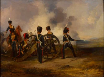 Een Koninklijk Paardenartillerie kanonploeg aan het laden, circa 1844