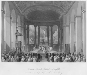 Rooms-katholieke kapel, Moorfields. Viering van de hoogmis op eerste kerstdag, ca. 1841