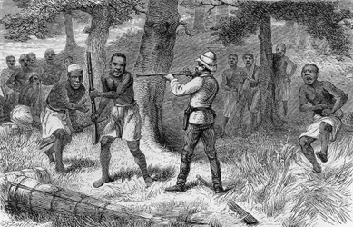 Opstand van inboorlingen langs de oevers van de Gombe rivier, Tanzania, gravure uit Hoe ik Livingstone vond: reizen, avonturen en ontdekkingen in Centraal-Afrika, door Henry Morton Stanley