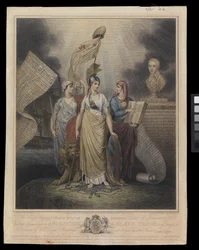 Plaat ter herdenking van de afschaffing van de slavenhandel, 4 juni 1808 (handgekleurde gravure)