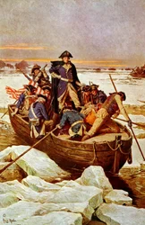 George Washington steekt de Delaware over, 25 december 1776. Een gebeurtenis in de Amerikaanse Onafhankelijkheidsoorlog 1775-1783, toen George Washington (1732-1799) opperbevelhebber van het Amerikaanse leger was. Illustratie, ca. 1912.