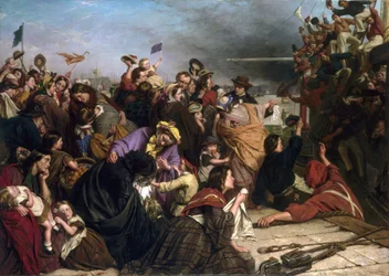Afscheid van immigranten, op een dok aan de Theems (Engeland), beschrijving van groepen mensen van alle leeftijden en sociale klassen, evenals de matrozen in rode en blauwe hemden op de boot die naar de menigte zwaaien