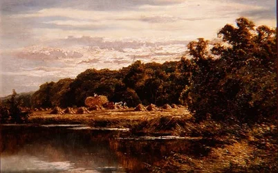 Oogsters in een Veld bij een Rivier