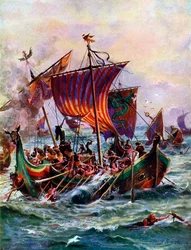 Alfreds galeien vallen het Viking drakenschip aan, 897 AD, ca. 1920