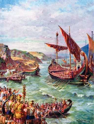 Vertrek van de Romeinen uit Groot-Brittannië na de plundering van Rome in 410 AD